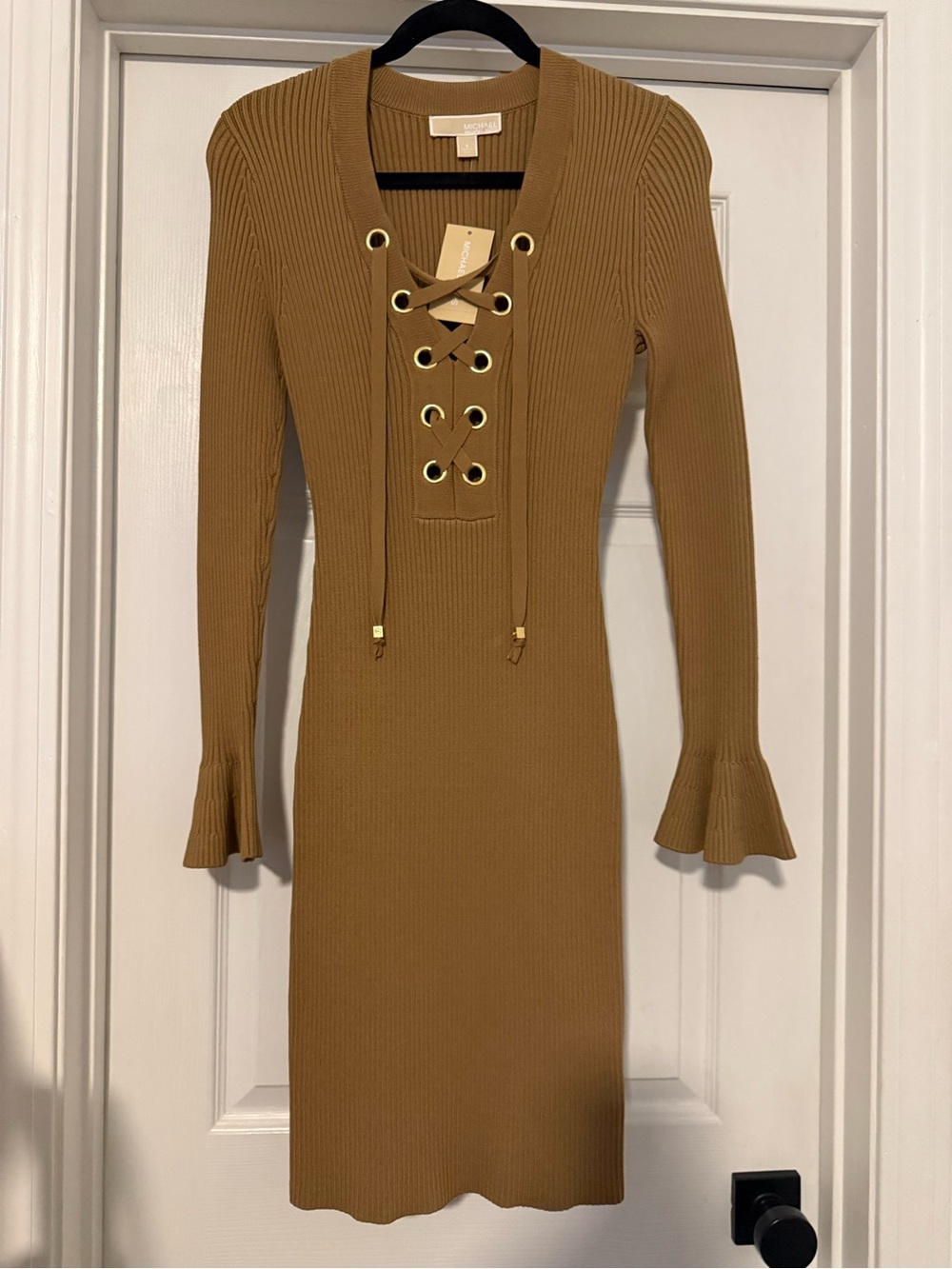 Michael Kors Camel Brown Ribbed Lace-Up Long Sleeve Dress
